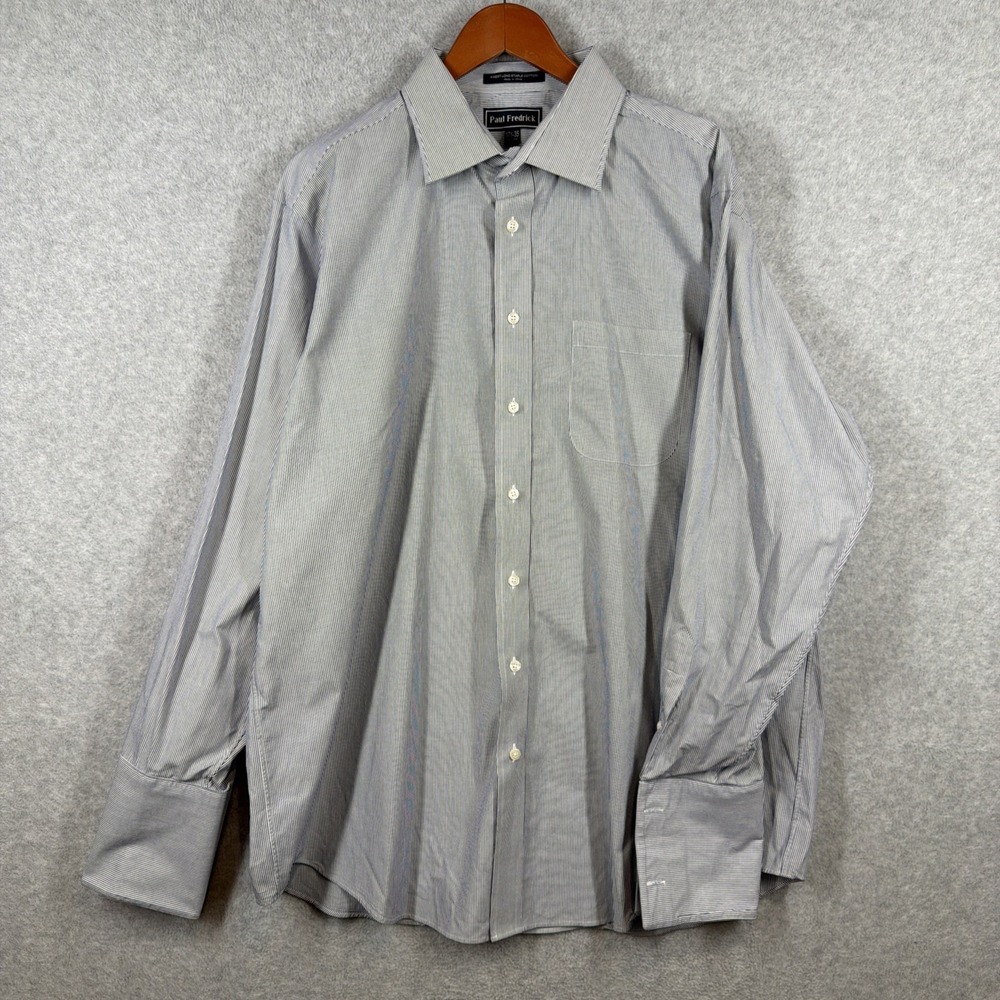 Paul Fredrick Dress Shirt Men 17.5 35 Blue Stripe French Cuff 2 Ply Cotton Dobby